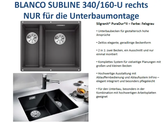 BLANCO Subline 340/160-U Silgranit PuraDurII Granitsple / Unterbaubecken Ablaufsystem InFino mit Handbettigung