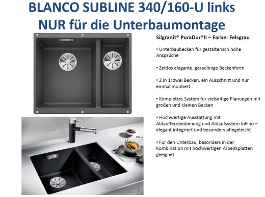 BLANCO Subline 340/160-U Silgranit PuraDurII Granitsple / Unterbaubecken Ablaufsystem InFino mit Handbettigung