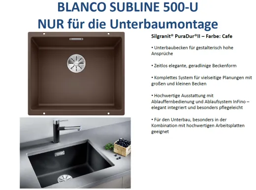 ❎ BLANCO Subline 500-U Silgranit PuraDurII Granitsple / Unterbaubecken Ablaufsystem InFino mit Handbettigung