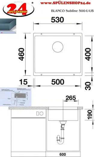 ❎ BLANCO Subline 500-U Silgranit PuraDurII Granitsple / Unterbaubecken Ablaufsystem InFino mit Handbettigung