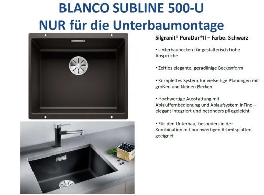 ❎ BLANCO Subline 500-U Silgranit PuraDurII Granitsple / Unterbaubecken Ablaufsystem InFino mit Handbettigung