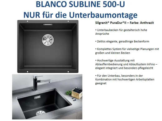 ❎ BLANCO Subline 500-U Silgranit PuraDurII Granitsple / Unterbaubecken Ablaufsystem InFino mit Handbettigung