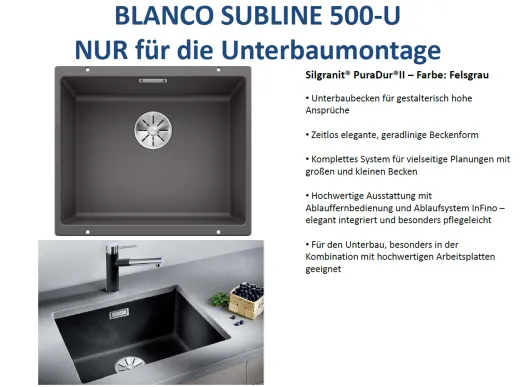 ❎ BLANCO Subline 500-U Silgranit PuraDurII Granitsple / Unterbaubecken Ablaufsystem InFino mit Handbettigung