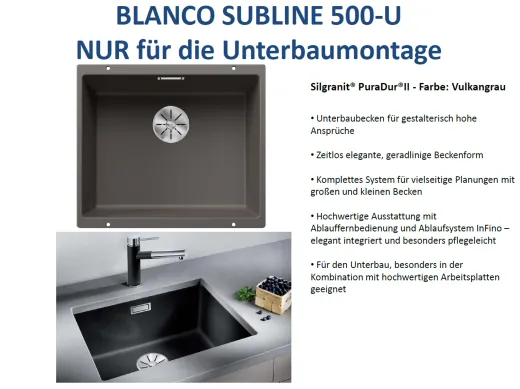 ❎ BLANCO Subline 500-U Silgranit PuraDurII Granitsple / Unterbaubecken Ablaufsystem InFino mit Handbettigung
