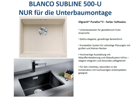 ❎ BLANCO Subline 500-U Silgranit PuraDurII Granitsple / Unterbaubecken Ablaufsystem InFino mit Handbettigung