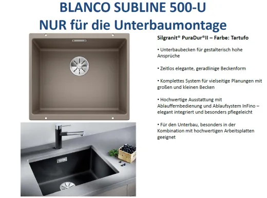 ❎ BLANCO Subline 500-U Silgranit PuraDurII Granitsple / Unterbaubecken Ablaufsystem InFino mit Handbettigung