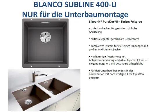 BLANCO Subline 400-U Silgranit PuraDurII Granitsple / Unterbaubecken Ablaufsystem InFino mit Handbettigung