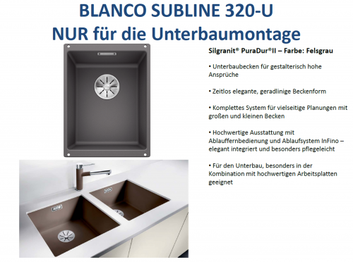 BLANCO Subline 320-U Silgranit PuraDurII Granitsple / Unterbaubecken Ablaufsystem InFino mit Handbettigung