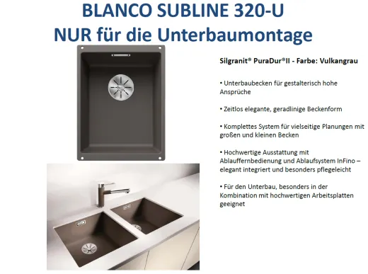 BLANCO Subline 320-U Silgranit PuraDurII Granitsple / Unterbaubecken Ablaufsystem InFino mit Handbettigung