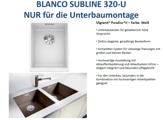 BLANCO Subline 320-U Silgranit PuraDurII Granitsple / Unterbaubecken Ablaufsystem InFino mit Handbettigung