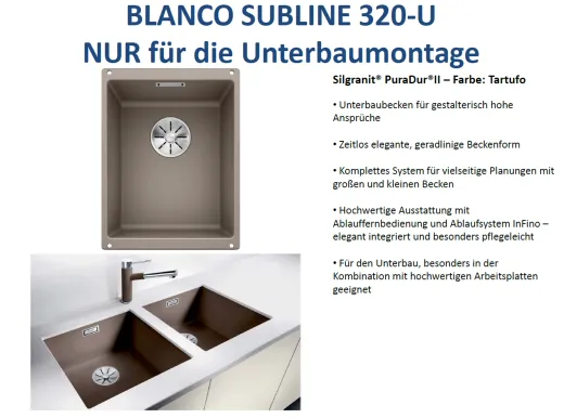 BLANCO Subline 320-U Silgranit PuraDurII Granitsple / Unterbaubecken Ablaufsystem InFino mit Handbettigung