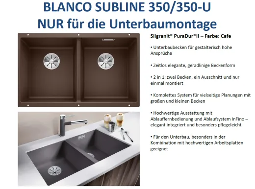 BLANCO Subline 350/350-U Silgranit PuraDurII Granitsple / Unterbaubecken Ablaufsystem InFino mit Handbettigung