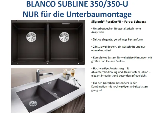 BLANCO Subline 350/350-U Silgranit PuraDurII Granitsple / Unterbaubecken Ablaufsystem InFino mit Handbettigung