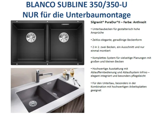 BLANCO Subline 350/350-U Silgranit PuraDurII Granitsple / Unterbaubecken Ablaufsystem InFino mit Handbettigung