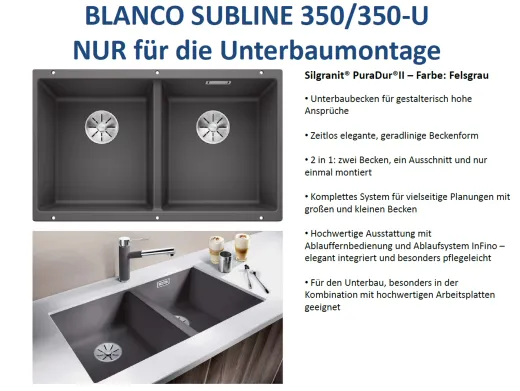 BLANCO Subline 350/350-U Silgranit PuraDurII Granitsple / Unterbaubecken Ablaufsystem InFino mit Handbettigung