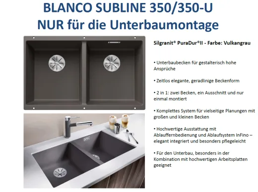 BLANCO Subline 350/350-U Silgranit PuraDurII Granitsple / Unterbaubecken Ablaufsystem InFino mit Handbettigung