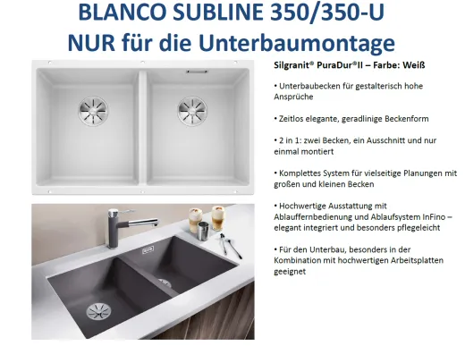 BLANCO Subline 350/350-U Silgranit PuraDurII Granitsple / Unterbaubecken Ablaufsystem InFino mit Handbettigung