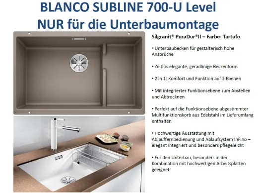BLANCO Subline 700-U Level Silgranit PuraDurII Granitsple / Unterbaubecken Ablaufsystem InFino mit Handbettigung