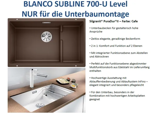 BLANCO Subline 700-U Level Silgranit PuraDurII Granitsple / Unterbaubecken Ablaufsystem InFino mit Handbettigung