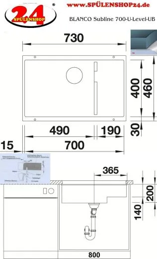 BLANCO Subline 700-U Level Silgranit PuraDurII Granitsple / Unterbaubecken Ablaufsystem InFino mit Handbettigung