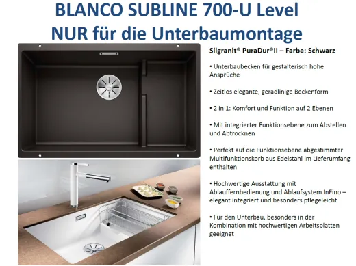 BLANCO Subline 700-U Level Silgranit PuraDurII Granitsple / Unterbaubecken Ablaufsystem InFino mit Handbettigung