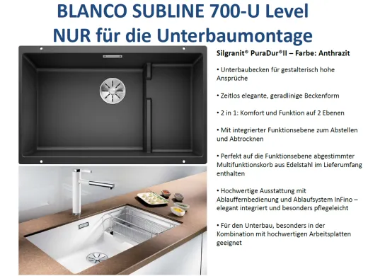 BLANCO Subline 700-U Level Silgranit PuraDurII Granitsple / Unterbaubecken Ablaufsystem InFino mit Handbettigung