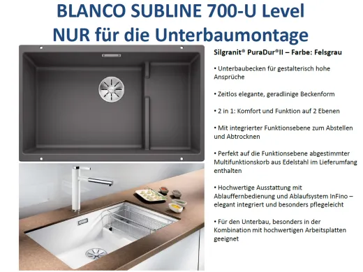 BLANCO Subline 700-U Level Silgranit PuraDurII Granitsple / Unterbaubecken Ablaufsystem InFino mit Handbettigung