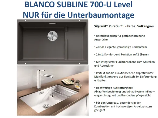 BLANCO Subline 700-U Level Silgranit PuraDurII Granitsple / Unterbaubecken Ablaufsystem InFino mit Handbettigung