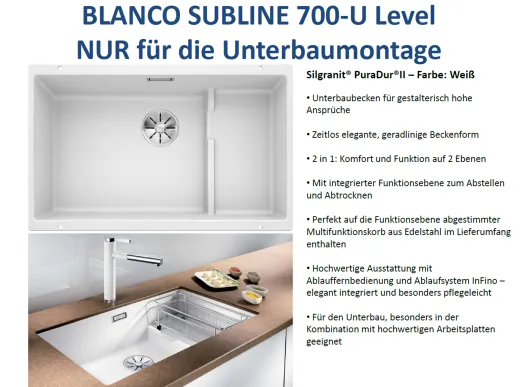 BLANCO Subline 700-U Level Silgranit PuraDurII Granitsple / Unterbaubecken Ablaufsystem InFino mit Handbettigung