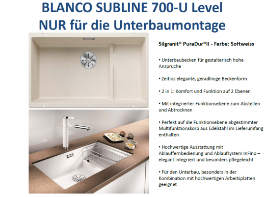 BLANCO Subline 700-U Level Silgranit PuraDurII Granitsple / Unterbaubecken Ablaufsystem InFino mit Handbettigung