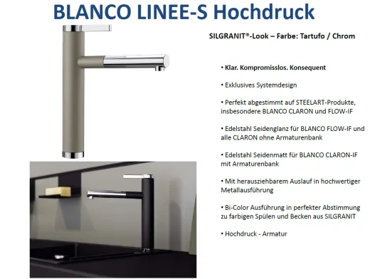 BLANCO Kchensple Linee-S Silgranit-Look Einhebelmischer mit Zugauslauf 130 schwenkbarer Auslauf