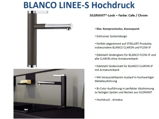 BLANCO Kchensple Linee-S Silgranit-Look Einhebelmischer mit Zugauslauf 130 schwenkbarer Auslauf