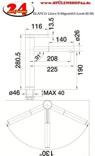 BLANCO Kchensple Linee-S Silgranit-Look Einhebelmischer mit Zugauslauf 130 schwenkbarer Auslauf