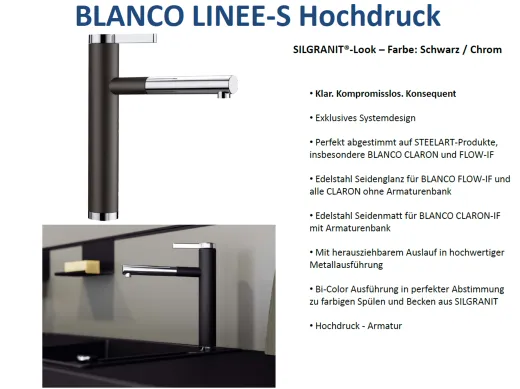 BLANCO Kchensple Linee-S Silgranit-Look Einhebelmischer mit Zugauslauf 130 schwenkbarer Auslauf