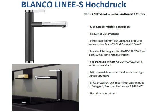 BLANCO Kchensple Linee-S Silgranit-Look Einhebelmischer mit Zugauslauf 130 schwenkbarer Auslauf