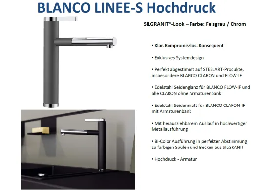 BLANCO Kchensple Linee-S Silgranit-Look Einhebelmischer mit Zugauslauf 130 schwenkbarer Auslauf