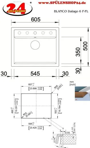 BLANCO Kchensple Dalago 6 F Silgranit PuraDurII Granitsple Flchenbndig mit Hahnlochbank und Drehknopfventil