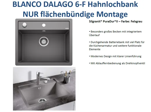 BLANCO Kchensple Dalago 6 F Silgranit PuraDurII Granitsple Flchenbndig mit Hahnlochbank und Drehknopfventil