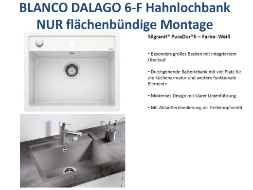 BLANCO Kchensple Dalago 6 F Silgranit PuraDurII Granitsple Flchenbndig mit Hahnlochbank und Drehknopfventil