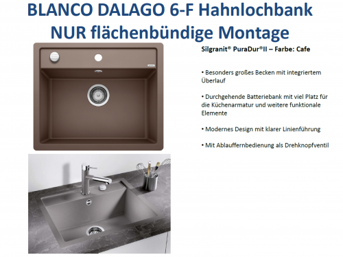 BLANCO Kchensple Dalago 6 F Silgranit PuraDurII Granitsple Flchenbndig mit Hahnlochbank und Drehknopfventil