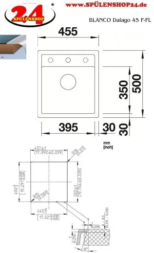BLANCO Kchensple Dalago 45 F Silgranit PuraDurII Granitsple Flchenbndig mit Hahnlochbank und Drehknopfventil