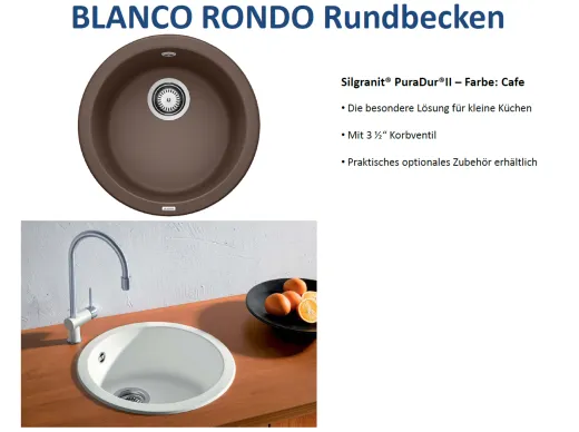 ❎ BLANCO Rundbecken Rondo Silgranit PuraDurII Granitsple / Einbausple mit Siebkorb als Stopfenventil