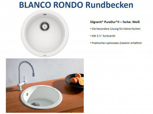 x BLANCO Rundbecken Rondo Silgranit PuraDurII Granitsple / Einbausple mit Siebkorb als Stopfenventil