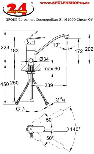 ✅ GROHE Kchenarmatur Eurosmart Cosmopolitan Einhebelmischer Chrom mit Festauslauf mit Gerteabsperrventil (31161000)