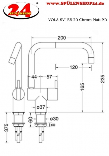 VOLA Kchenarmatur KV1EB-20 Chrom matt Spltischmischer / Eingriffmischer mit Doppelschwenkauslauf Niederdruck