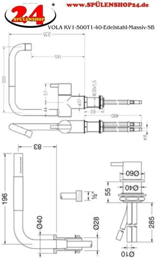 VOLA KV1-500T1-40-Edelstahl massiv Eingriffmischer mit separatem Eingriffmischer 500 und versenkbarer Handbrause