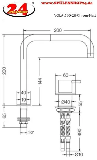 VOLA Kchenarmatur 590-20 Chrom matt Spltischmischer / Zweilocharmatur mit Eingriffmischer und Doppelschwenkauslauf