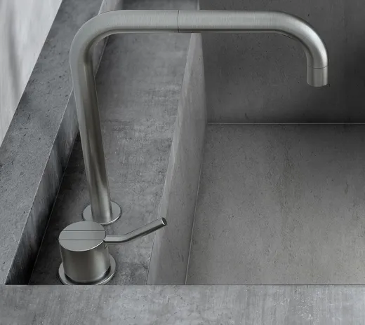 VOLA Kchenarmatur 590-20 Chrom matt Spltischmischer / Zweilocharmatur mit Eingriffmischer und Doppelschwenkauslauf