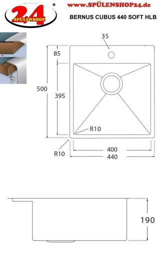 BERNUS Kchensple Cubus 440 SOFT Edelstahlsple Flachrand / Flchenbndig mit Hahnlochbank und Siebkorb als Stopfenventil
