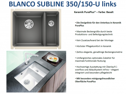 BLANCO Kchensple Subline 350/150-U Keramik PuraPlus Keramiksple / Unterbausple Ablaufsystem InFino